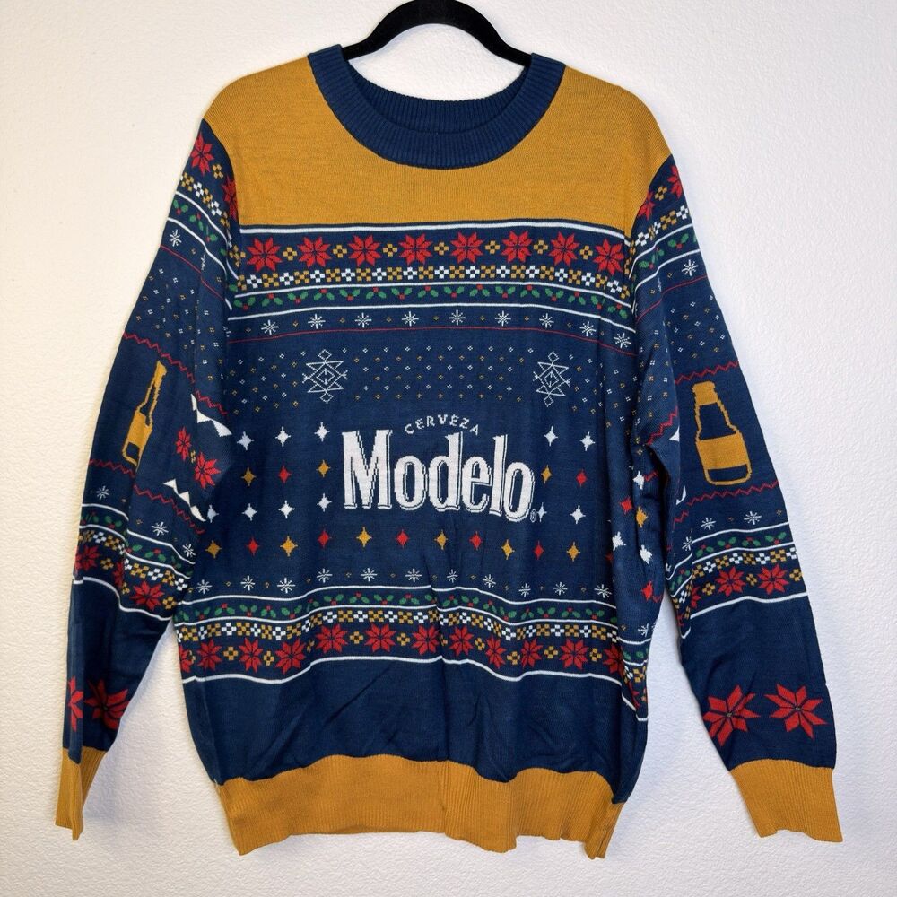 Modelo Cerveza Beer Ugly Christmas Sweater Mens XXL 2XL Navy Blue Holiday Knit